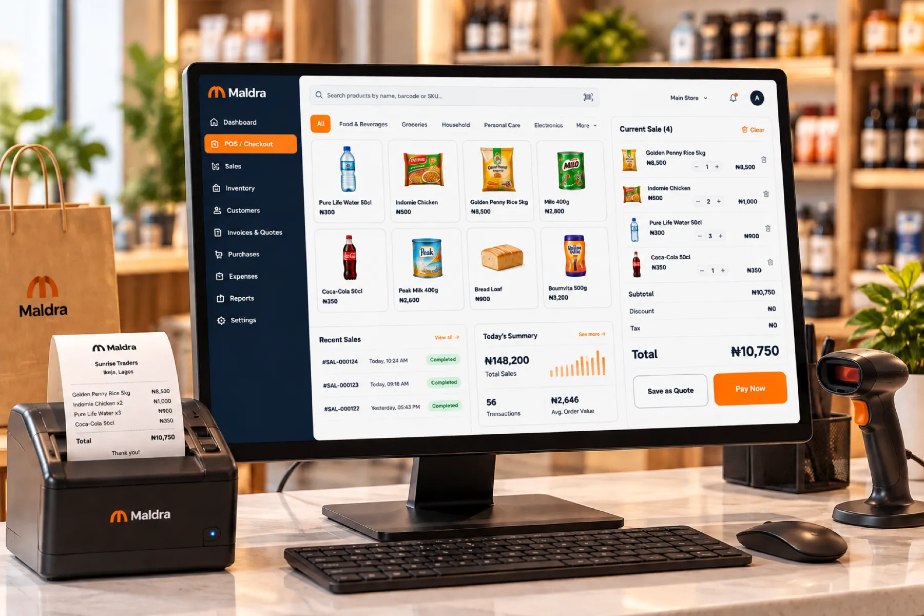 Maldra, a business platform built by AkorLabs, running the checkout on a shop counter