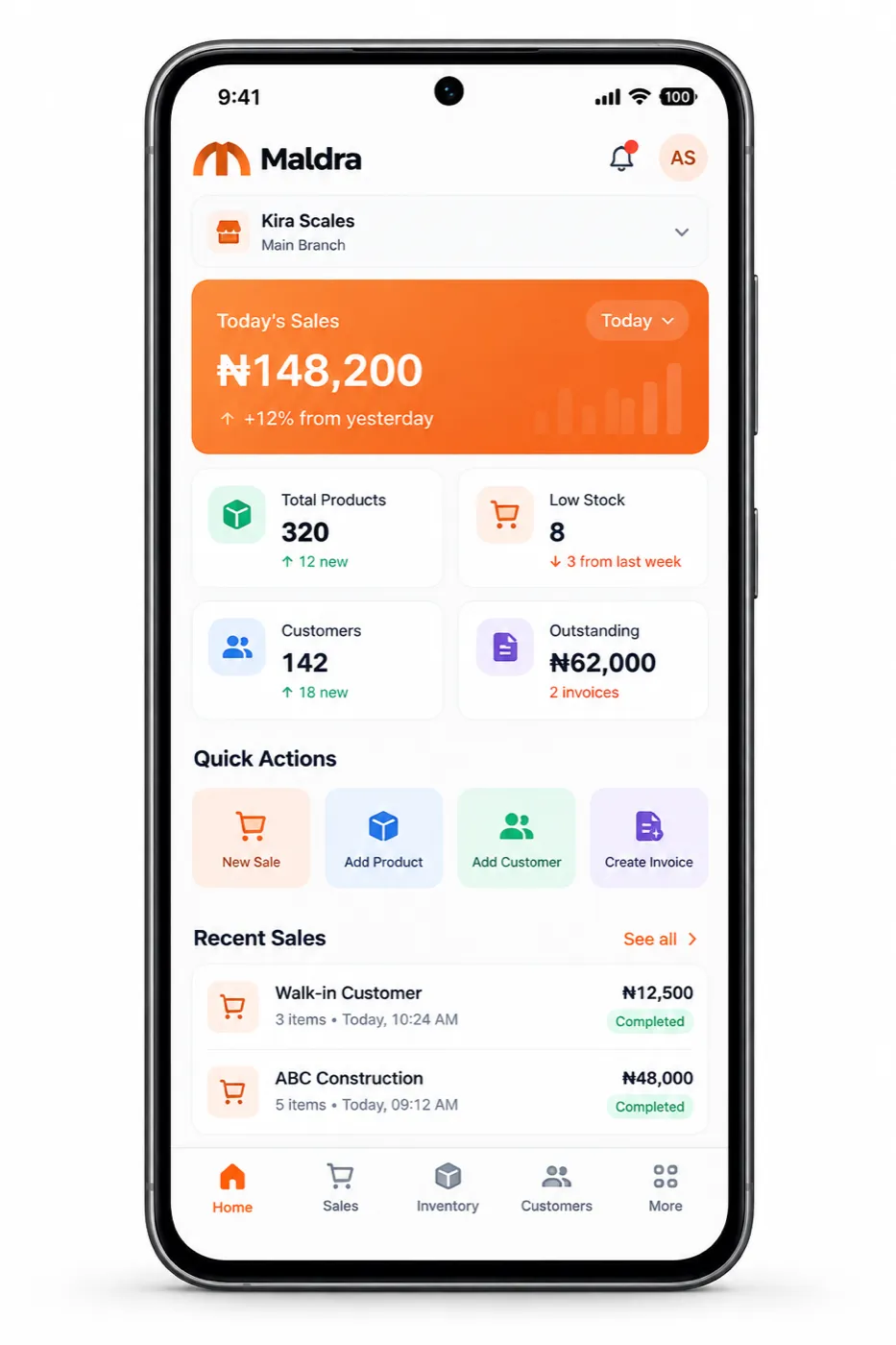 Maldra mobile app in a shop owner's hand