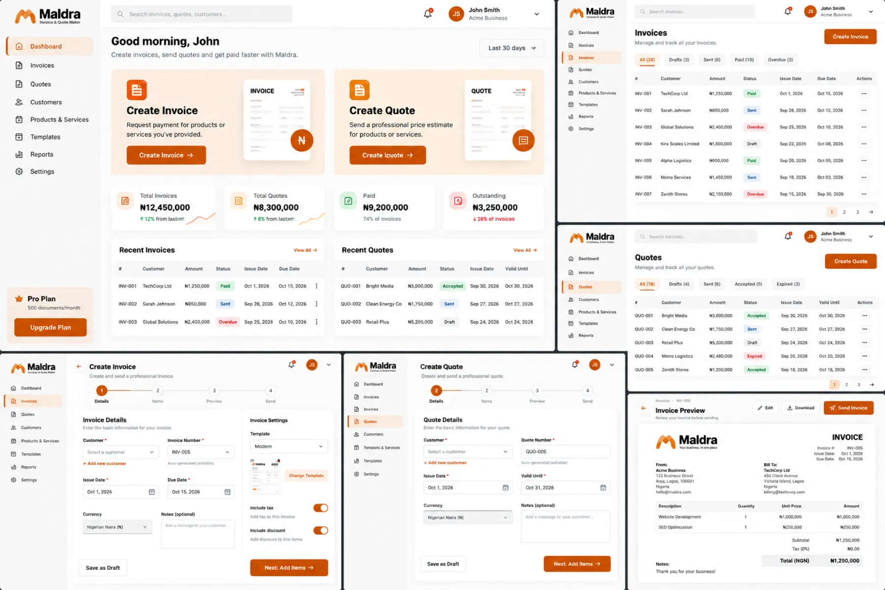 Maldra Invoice & Quote Maker screens: dashboard, invoice list, quote list, invoice builder and invoice preview