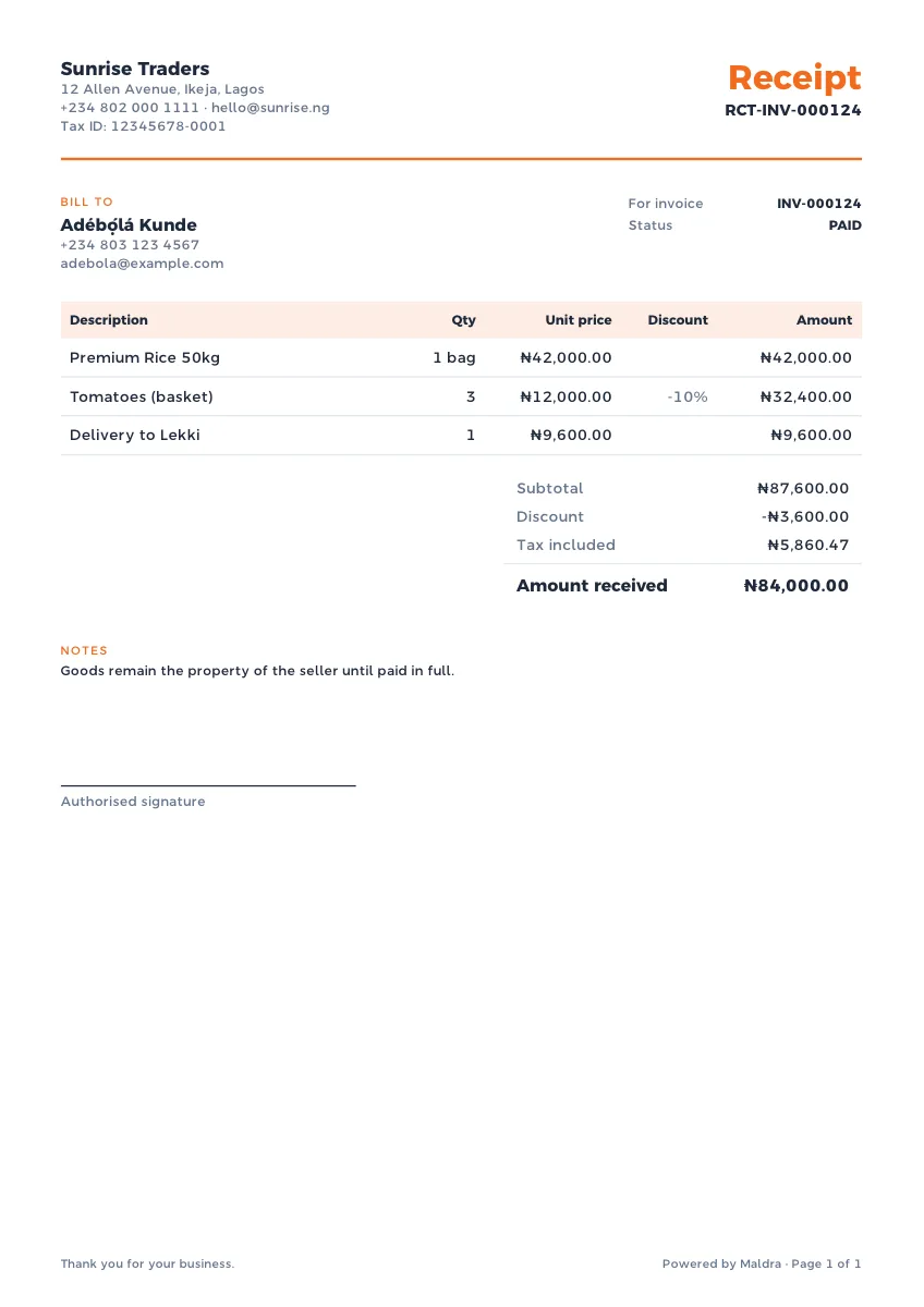 Payment receipt rendered in the Classic template