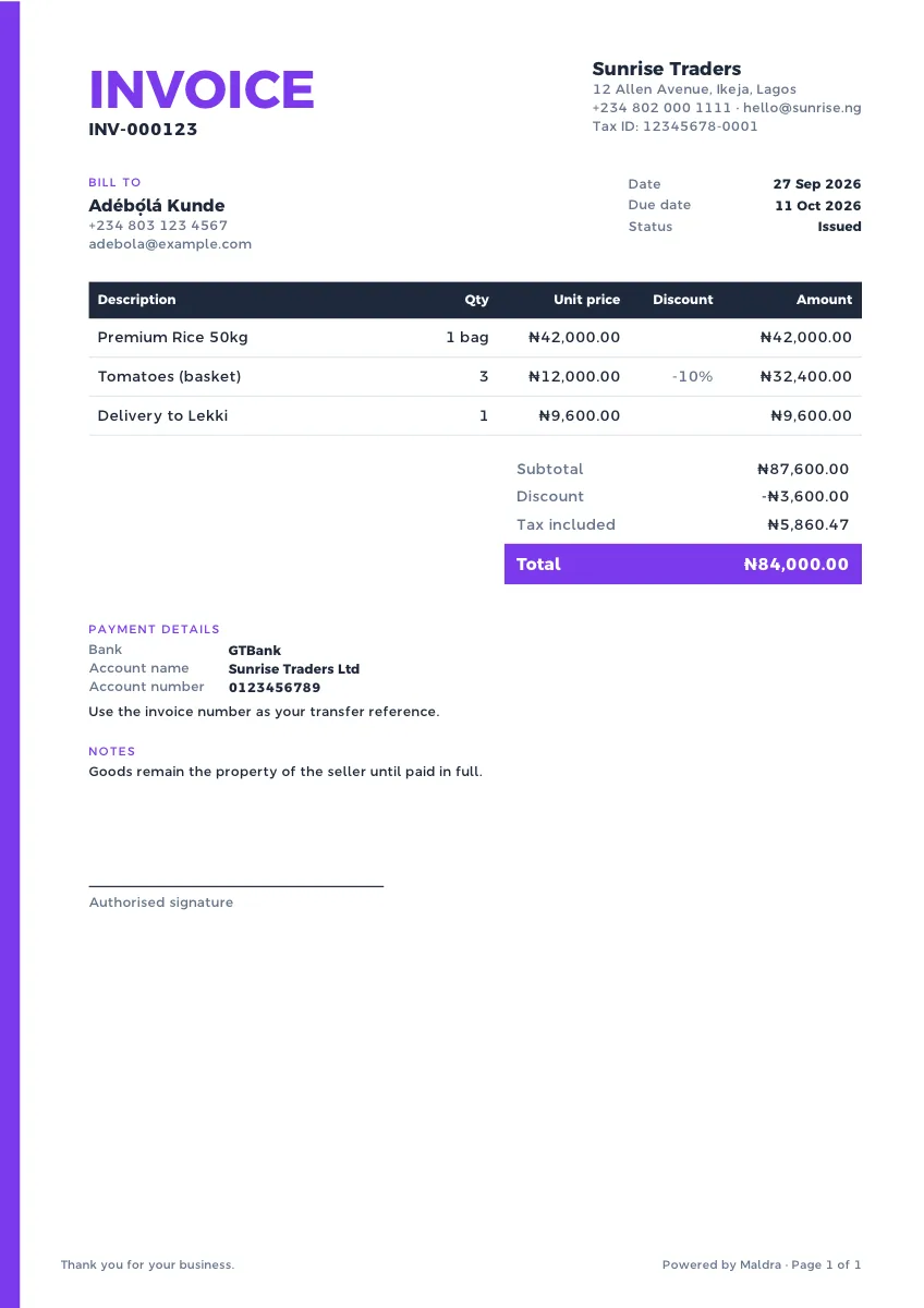 Invoice rendered in the Bold template