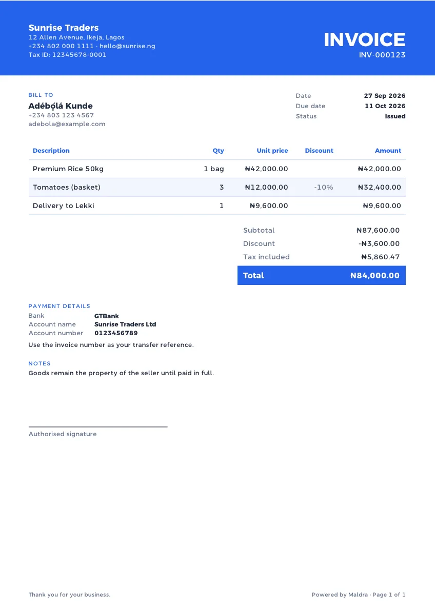 Invoice rendered in the Modern template